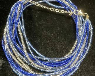 Multi Strand Blue Seed Beaded Necklace