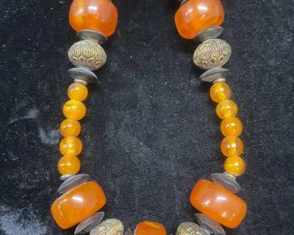 Vintage Gold Tone Amber Lucite Beaded Necklace