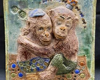 Hand Painted Ceramic Monkey Relief Plaque
