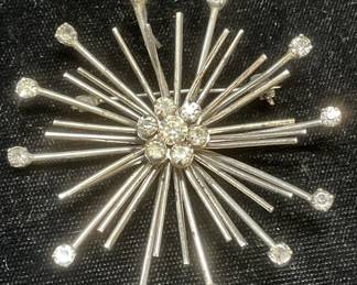 Vtg Silver Tone Crystal Flower Starburst Brooch