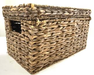 Woven Rattan Storage Basket W Handles & Lid