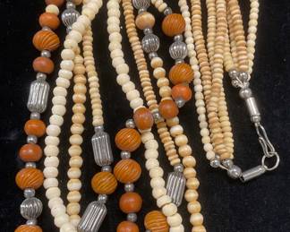 Vintage Silver Tn, Wood & Bone Beaded Necklace
