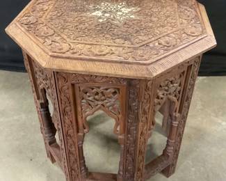 Vtg Carved Wood Bone Inlay Octagonal Side Table
