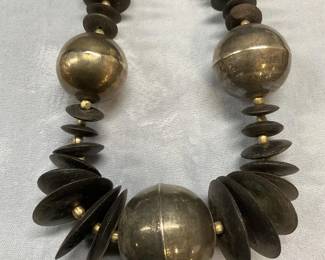 Vtg Silver Tone & Black Wood Beaded Necklace