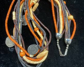Vintage Wood Beaded Silver Tn Coin Necklace