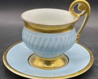 LIMOGES FRANCE Blue & Gilt Porc Tea Cup & Saucer