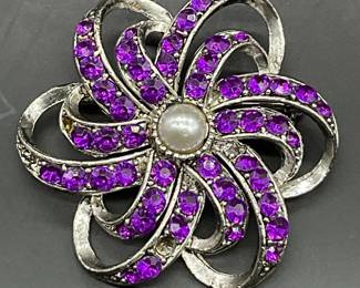 Vintage Bejeweled Purple Crystal Floral Brooch