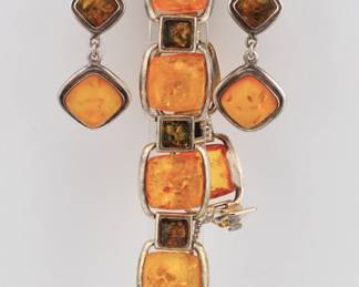 Vntg Sterling Silver Faux Amber Bracelet &Earrings