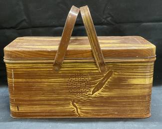 Vtg Faux Wood Grain Tin Litho Picnic Basket
