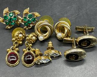 5 Vintage Crystal Earrings & Enameled Cufflinks