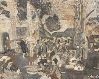 Asian Market Scene Embroidered Panel 5+Ft W