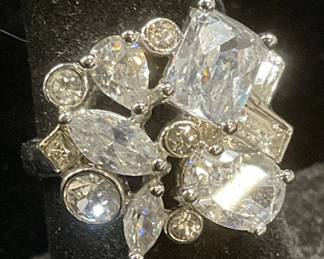 Signed Silver Tone Crystal Cocktail Ring