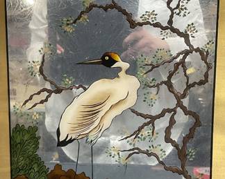 Framed Crane Mixed Media Mirror Painting