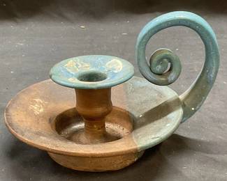 Signed Rustic Blue Ceramic Pottery Candle Holder