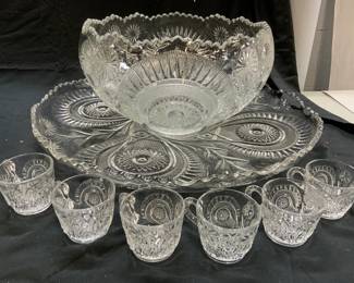Set 8 Glass Punch Bowl, Cups, & Serving Dish
