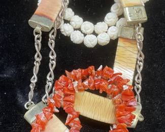 Lot 3 Red Coral & Bone Beaded Necklaces
