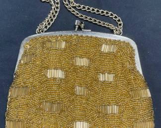 Vintage La Regale Gold Satin Beaded Handbag