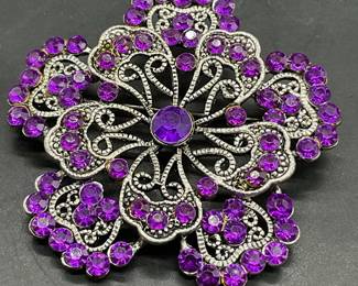 Vintage Bejeweled Purple Crystal Floral Brooch