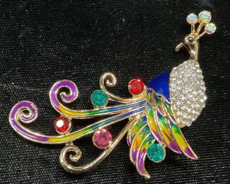 Gold Tone Crystal Enamel Peacock Brooch