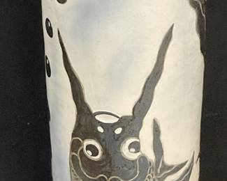 Sgnd Vntg Hand Painted Fish Motif Pottery Vase 29in