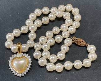 2 Vintage Faux Pearl Necklace, Roman Pendant