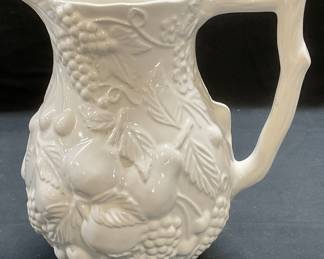Vintage White Ceramic Fruit Motif Pitcher