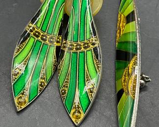Vtg Art Deco Style Enamel Earrings & Brooch Set