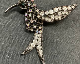 Silver Tone Crystal Hummingbird Brooch