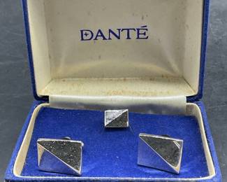 DANTE Vntg Silver Tone Metal Cufflinks & Pin, Box