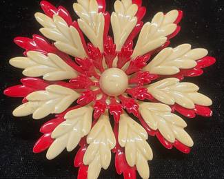 XL Vintage Red Enamel Flower Brooch, 3In W