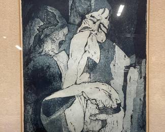 Signed Blum Anguish Figural Color Etching
