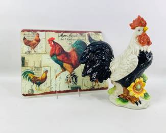 Ceramic Rooster and Glass Cutting Board