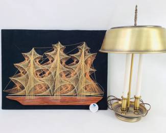 String Art Sailing Ship and Brass Bouillot Candlestick Lamp