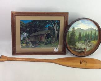 Vintage Wooden Canoe Paddle with Rural Cabin Art