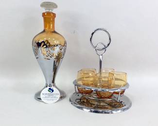 Art Deco Farber Bros. Krome Kraft Amber Decanter and Glasses