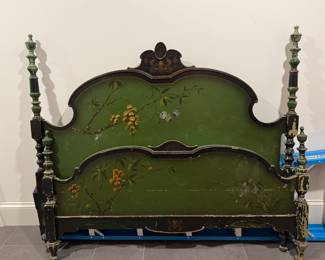 Hand-Painted Green Chinoiserie Four Poster Queen Bed Frame. Photo 1 of 3.