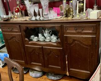 Oak buffet, fine lead Crystal, moss rose tea set