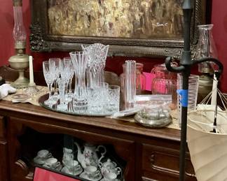 Oil painting, crystal goblets, and vases, moss rose tea set