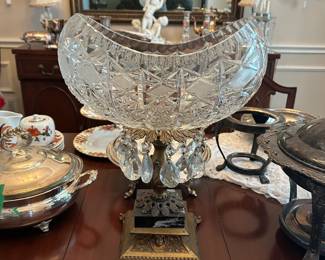 Antique Footed Crystal Compote with Marble Pedestal Base