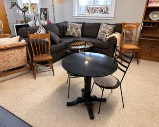 Small Iron Base Bistro Set, 90" small sectional sofa, Mackenzie Child's Plates, Oak Chair