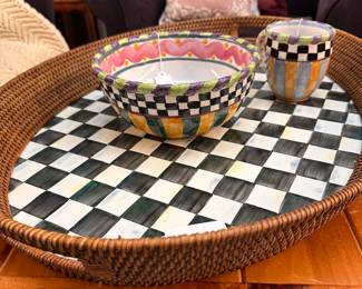 Mackenzie Childs Courtly Check Rattan Tray, Piccadilly Bowl and Mug