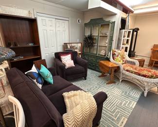 Eggplant Love Seat and Side Chair, Vintage Wicker Chaise Lounge, Drop Leaf side Table