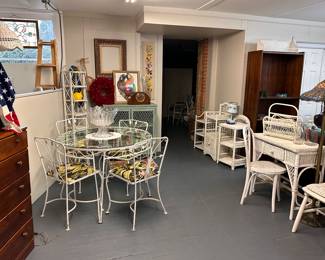 Vintage Glass Top Iron Patio Dining Set, Wicker Cabinet, Wicker Desk, Wicker Shelves, Tiffany Style Floor Lamp, Westminster Chime Clock