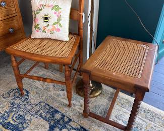 Cane Seat Tiger Maple Chair, Bobbin Leg Bench Seat