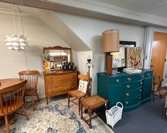 Jade Green Buffet, MCM Gruvwood Lamps (there are 2 of these), Oak Chest of Drawers, Oak Carved Mirror, Lotus Swag Lamp, Vintage Needlepoint, Needlecraft pieces