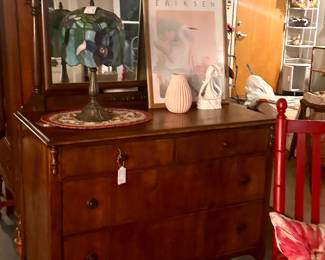 Antique Dresser with Tilt Mirror, Vintage Eriksen Art, Pink Fluted Vase