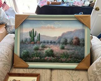 framed oil painting of desert landscape - P. Hunter