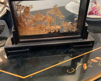 Vintage Chinese Hand Crafted Cork Diorama Garden Scene Framed Art Lacquered Wood