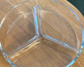 vintage round glass relish, candy dish with 3 divided sections