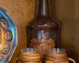 Vintage Leather Wrapped Decanter & 2 Glug Mugs